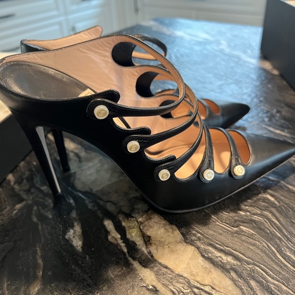 Gucci Shoes - Gucci Black Leather Strappy Pointed-Toe Heels with Gold Buttons